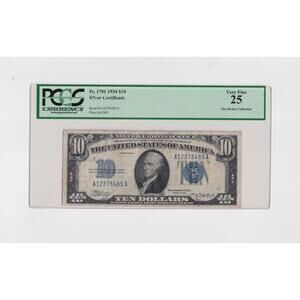 Certified 1934 Ten dollar Silver Certificate Blue Seal Note Fr. 1706 PCGS 25